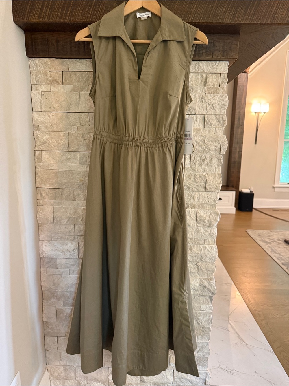 Calvin Klein Olive Green Sleeveless Collared Midi dress with open back size 6
